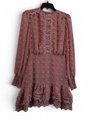 Just Me Swiss Dot Pink Women's Lace Trim Chiffon Ruffle Hem Mini Dress Size S